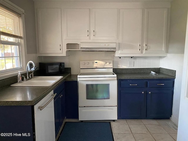 kitchen with white appliances, white cabinetry, blue cabinetry, sink, and ventilation hood