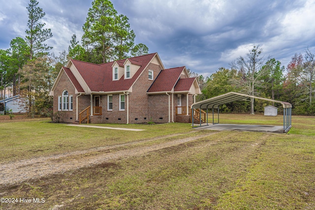 view of front facade featuring a carport, a shed, and a front lawn