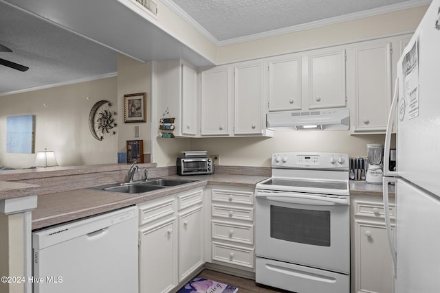 kitchen with white cabinetry, crown molding, white appliances, and sink