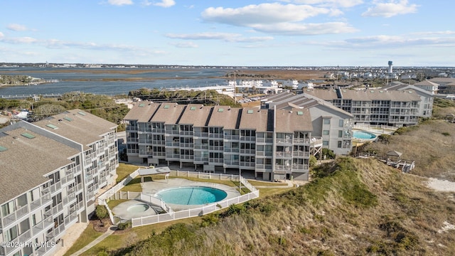 drone / aerial view featuring a water view