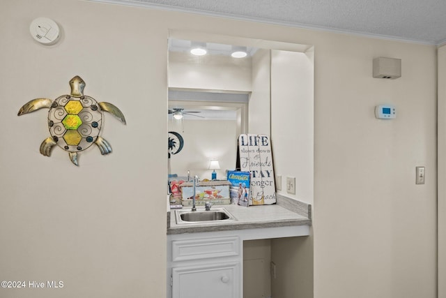 interior space with a textured ceiling, a sink, a ceiling fan, and crown molding