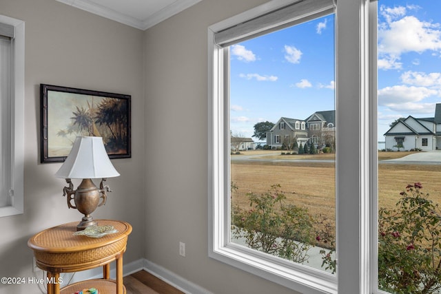 interior space featuring hardwood / wood-style floors and crown molding