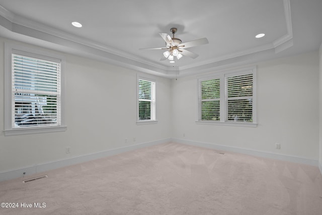 carpeted spare room featuring ceiling fan, a raised ceiling, and ornamental molding