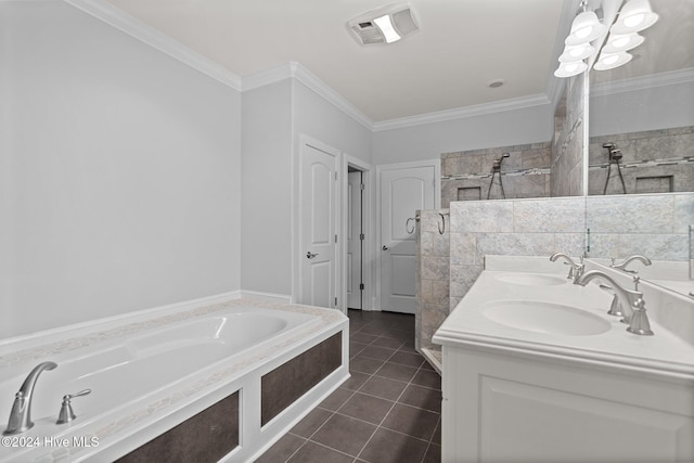 bathroom featuring tile patterned floors, vanity, separate shower and tub, and crown molding