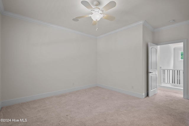 carpeted spare room featuring ceiling fan and ornamental molding