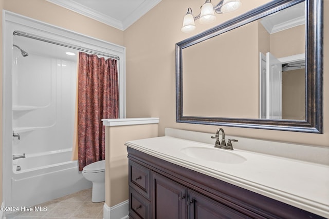 full bathroom with tile patterned floors, ornamental molding, vanity, shower / bathtub combination with curtain, and toilet