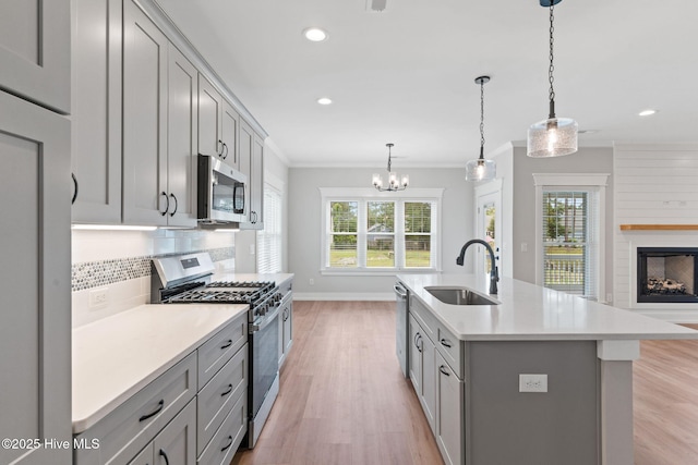 457 Raven Glen Dr, Southport, NC 28461 - kitchen featuring appliances with stainless steel finishes, gray cabinets, a sink, crown molding, and light wood finished floors
