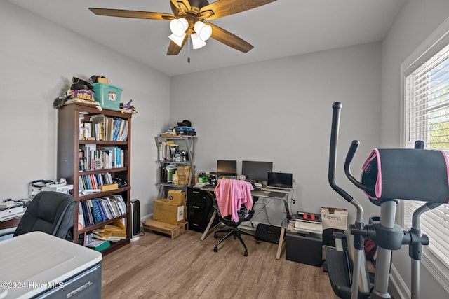 home office featuring light hardwood / wood-style flooring and ceiling fan