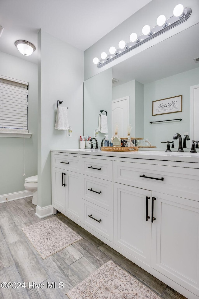 bathroom featuring vanity, toilet, and wood-type flooring