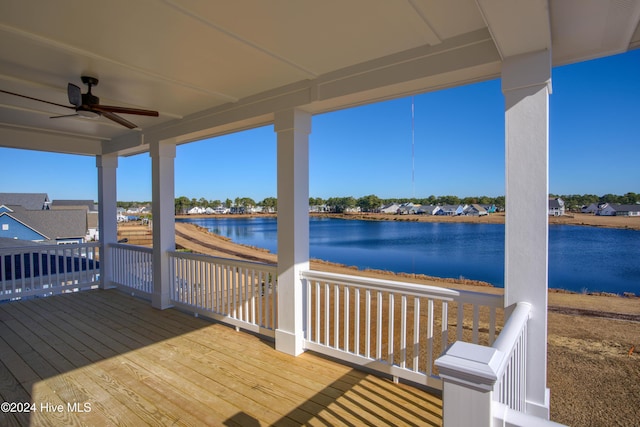 deck featuring ceiling fan and a water view