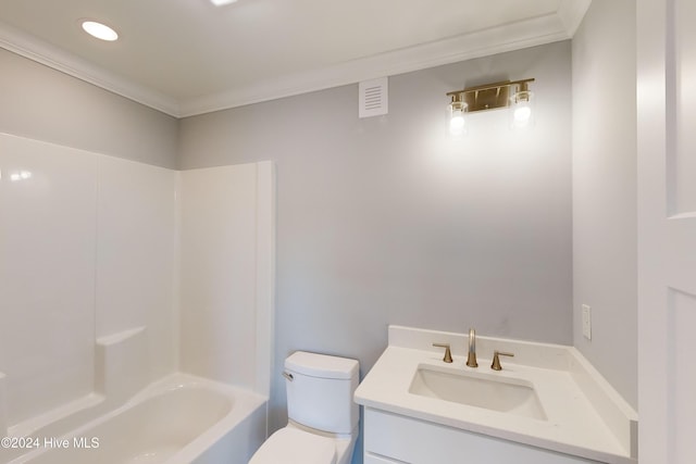 full bathroom with bathing tub / shower combination, crown molding, vanity, and toilet