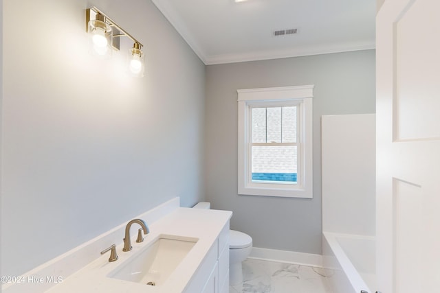 bathroom featuring a washtub, vanity, toilet, and crown molding