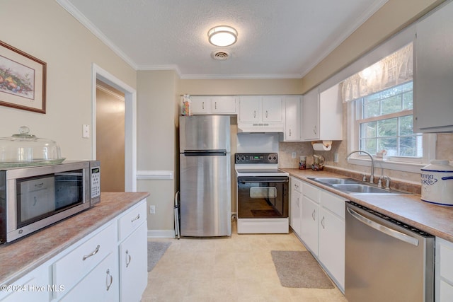 kitchen featuring crown molding, sink, a textured ceiling, white cabinetry, and stainless steel appliances