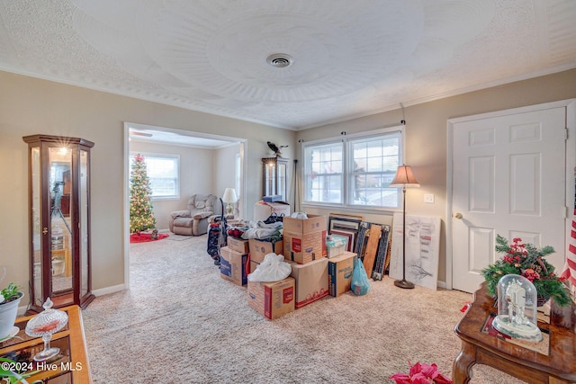 interior space with a wealth of natural light, carpet floors, and a textured ceiling