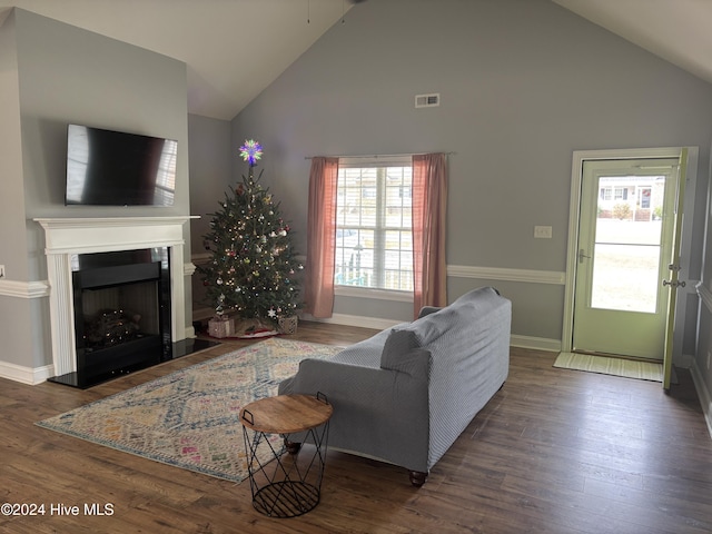 living room with high vaulted ceiling and dark hardwood / wood-style floors