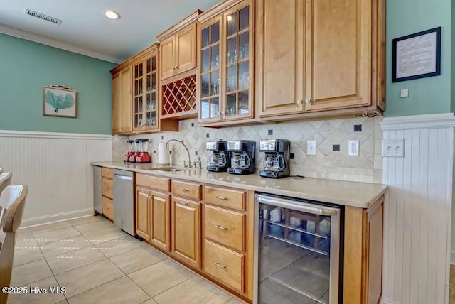 kitchen featuring sink, beverage cooler, light tile patterned flooring, dishwasher, and decorative backsplash