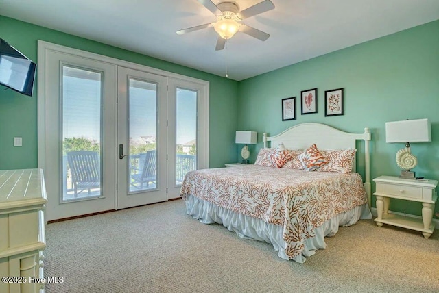 carpeted bedroom with ceiling fan and access to exterior