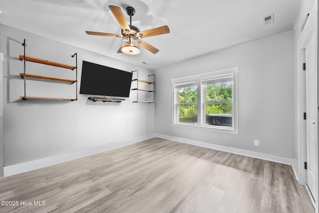 interior space featuring ceiling fan and light wood-type flooring