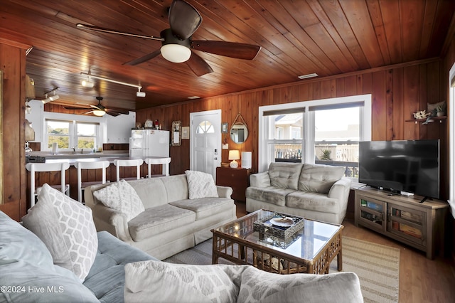 living room featuring sink, light wood-type flooring, wooden walls, and wood ceiling