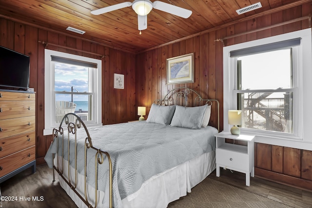 bedroom with ceiling fan, a water view, wood ceiling, and wooden walls