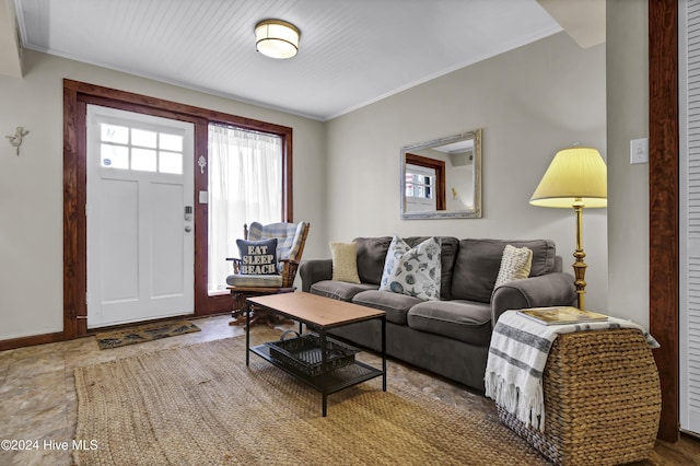 living room featuring crown molding