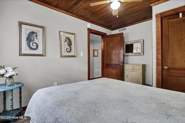 bedroom with ceiling fan, wooden ceiling, and crown molding