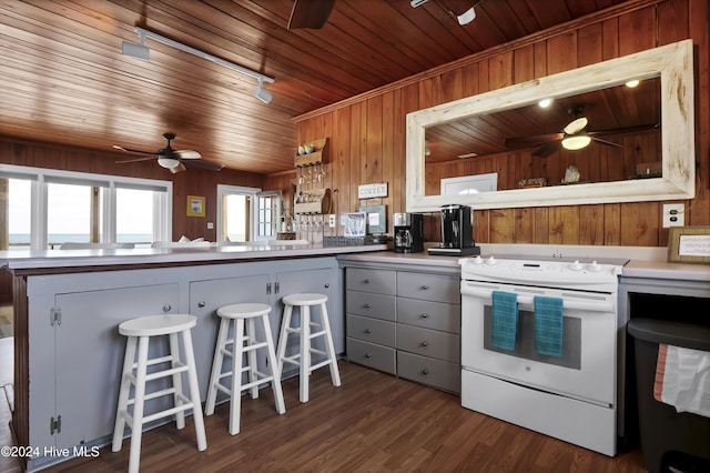 kitchen with wooden ceiling, wooden walls, white range with electric stovetop, dark hardwood / wood-style flooring, and kitchen peninsula