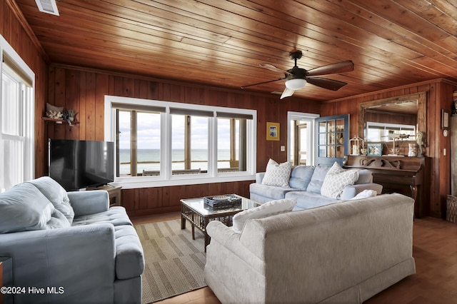 living room featuring a wealth of natural light, wooden ceiling, and wood walls