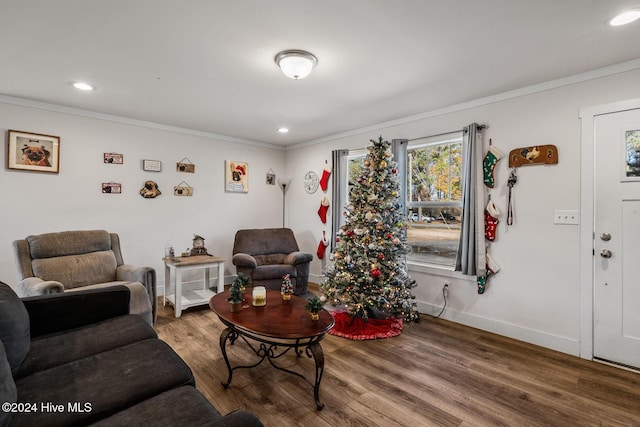 living room featuring crown molding and wood-type flooring