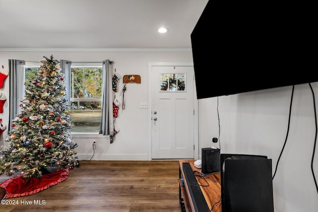 foyer featuring crown molding and dark wood-type flooring