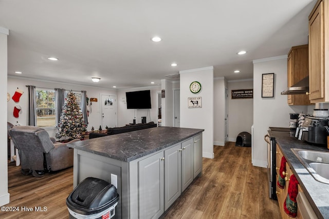 kitchen with wood-type flooring, a center island, ventilation hood, and crown molding