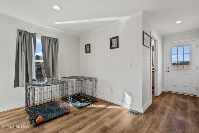 foyer entrance featuring crown molding and wood-type flooring