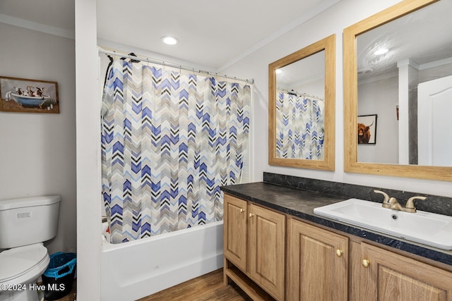 bathroom featuring vanity, a shower with curtain, crown molding, toilet, and wood-type flooring