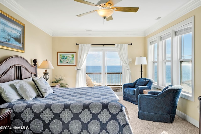 bedroom with a water view, access to exterior, carpet, and crown molding