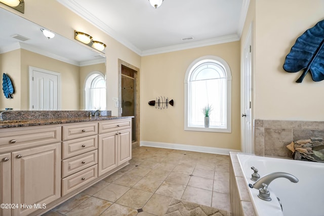 bathroom with vanity, tile patterned floors, ornamental molding, and a healthy amount of sunlight