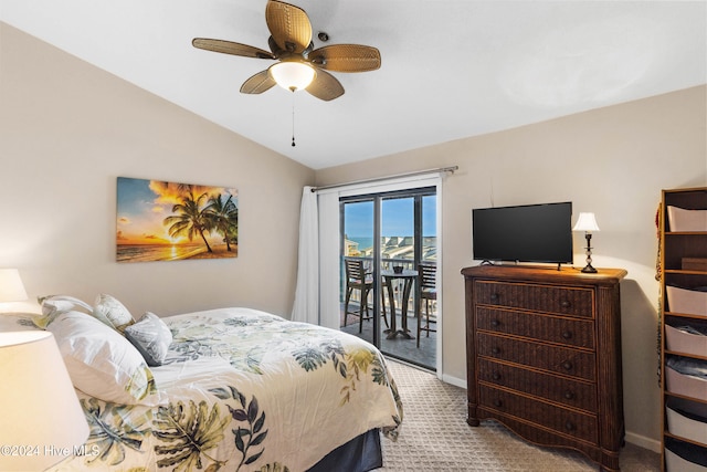 bedroom featuring lofted ceiling, light colored carpet, access to exterior, and ceiling fan