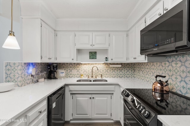 kitchen with sink, white cabinetry, range with electric stovetop, dishwasher, and backsplash