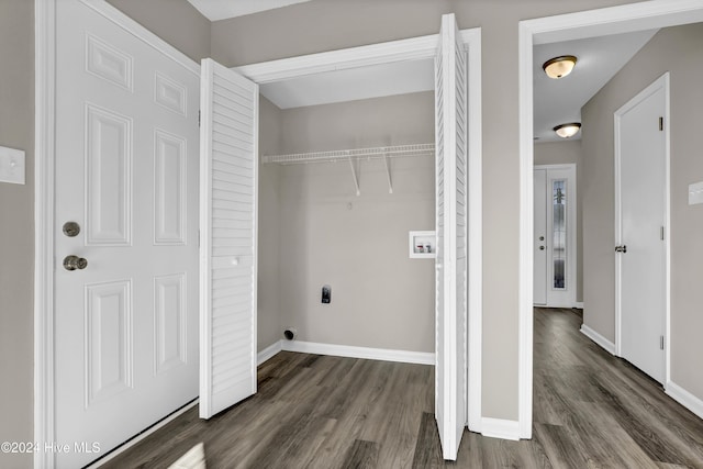 clothes washing area with electric dryer hookup, dark hardwood / wood-style flooring, and hookup for a washing machine