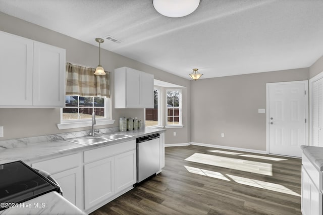 kitchen with dark hardwood / wood-style flooring, sink, dishwasher, white cabinetry, and hanging light fixtures