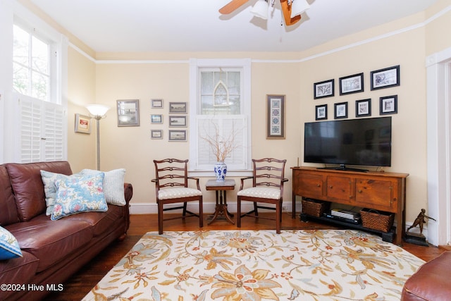 living room featuring hardwood / wood-style flooring, ceiling fan, and ornamental molding