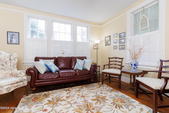 living room featuring hardwood / wood-style flooring and ornamental molding