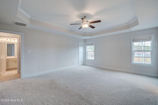 empty room with light colored carpet, a raised ceiling, a healthy amount of sunlight, and crown molding