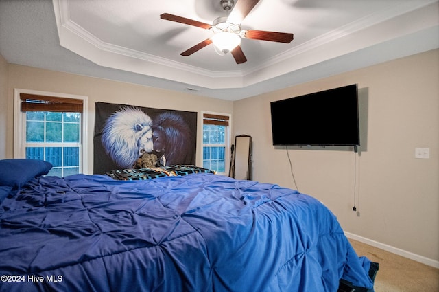 carpeted bedroom featuring multiple windows, a tray ceiling, ceiling fan, and crown molding