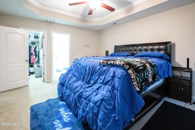 carpeted bedroom featuring ceiling fan, a walk in closet, a raised ceiling, and ornamental molding