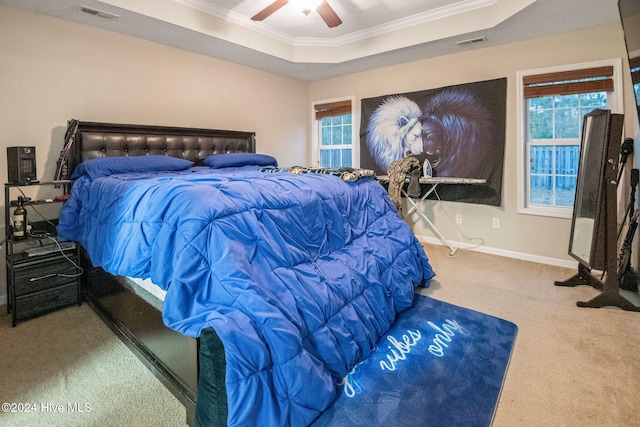 bedroom with carpet, ceiling fan, a raised ceiling, and crown molding