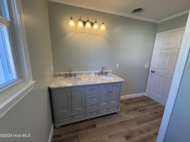 bathroom featuring wood-type flooring, vanity, a textured ceiling, and crown molding