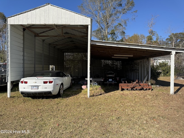 view of parking featuring a lawn and a carport