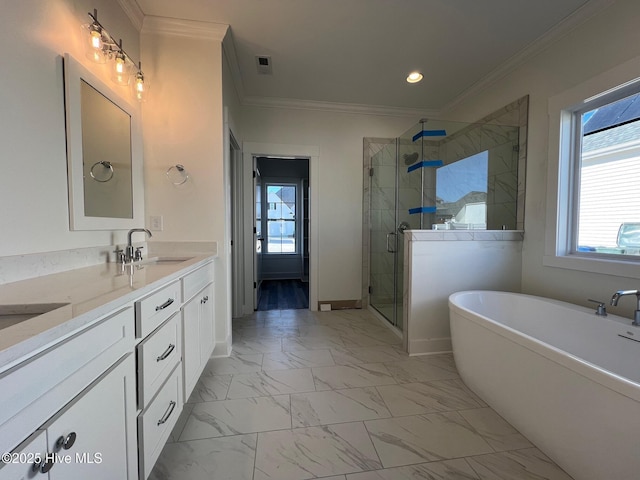 bathroom with crown molding, separate shower and tub, and vanity