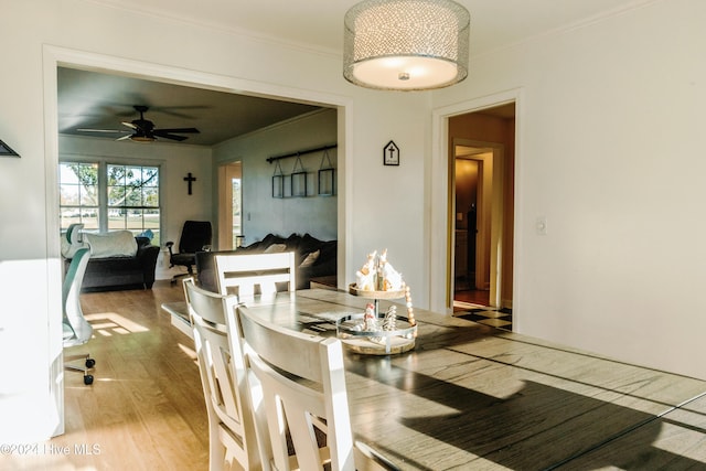 dining room with wood-type flooring, ceiling fan, and crown molding