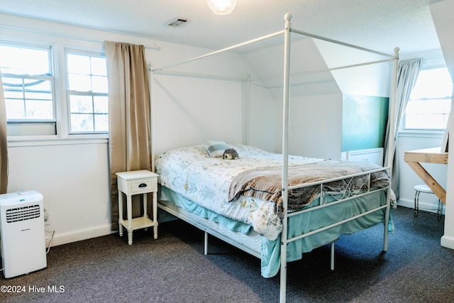 carpeted bedroom with vaulted ceiling and multiple windows